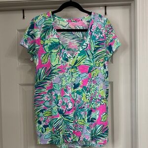 Lilly Pulitzer V Neck Cotton Top in Pink & Green